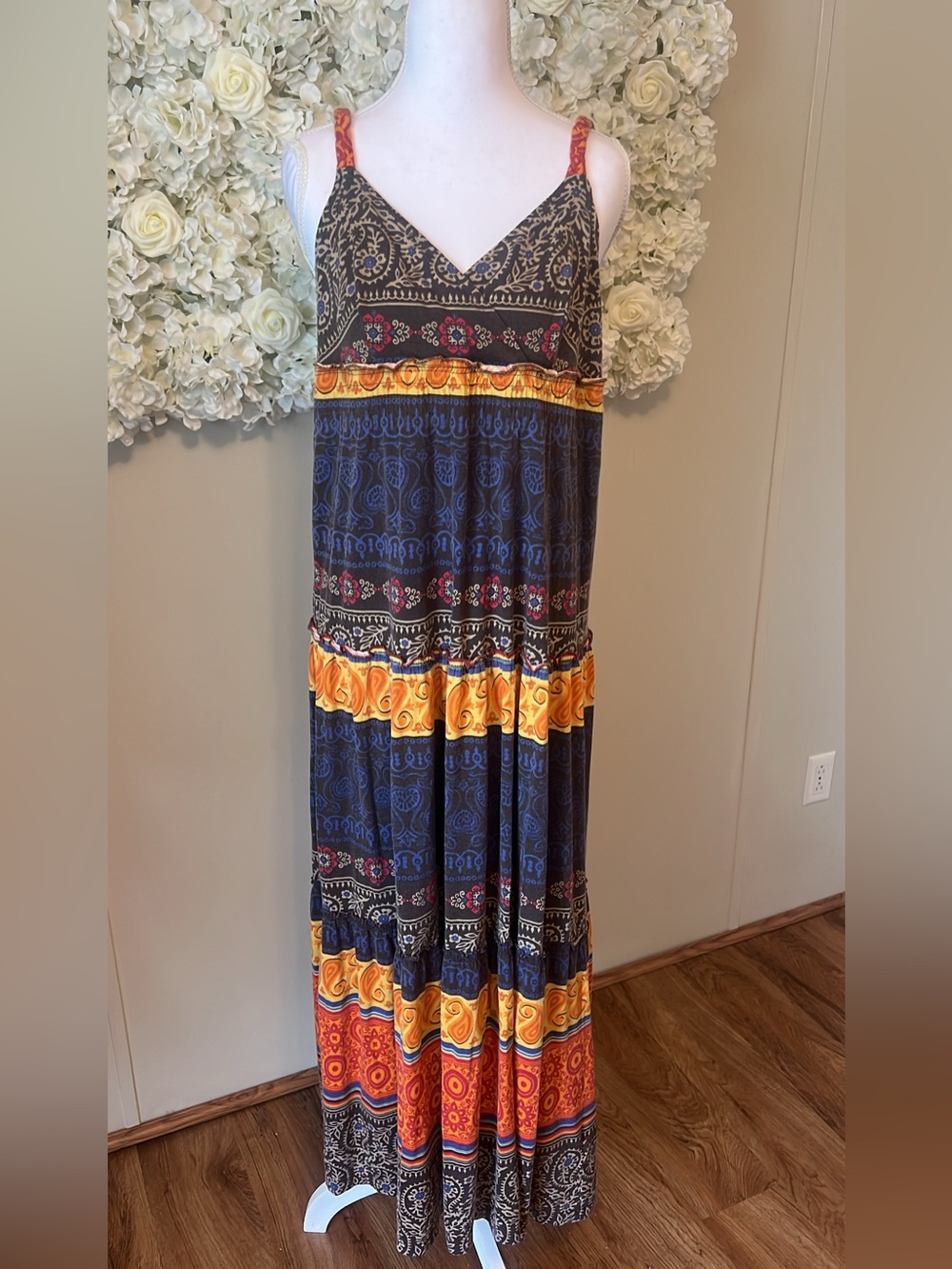Tommy Hilfiger Navy Maxi Dress with Yellow & Orange Bands Boho